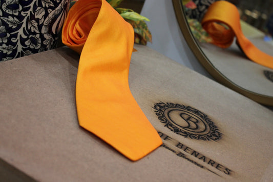 Elegant Plain Bright Yellow Pure Banarasi Satin Silk Neck Tie by Shades Of Benares - banarasi - banarasi saree shop