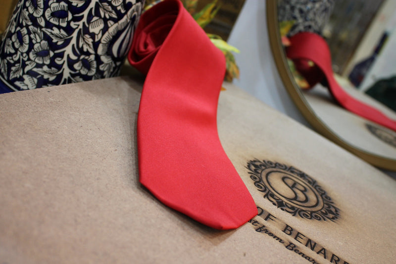 Vibrant bright red neck tie made of pure Banarasi satin silk by Shades of Benares.