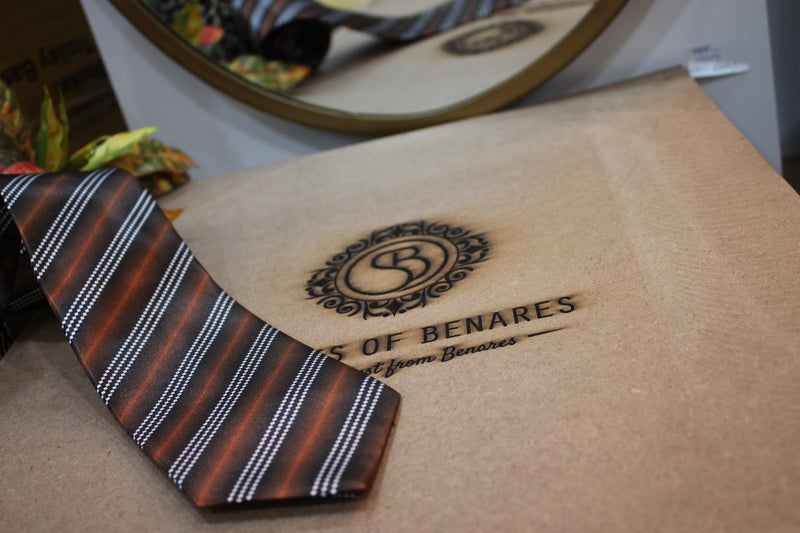 Stylish blackish brown and white Banarasi satin silk printed neck tie by Shades of Benares.