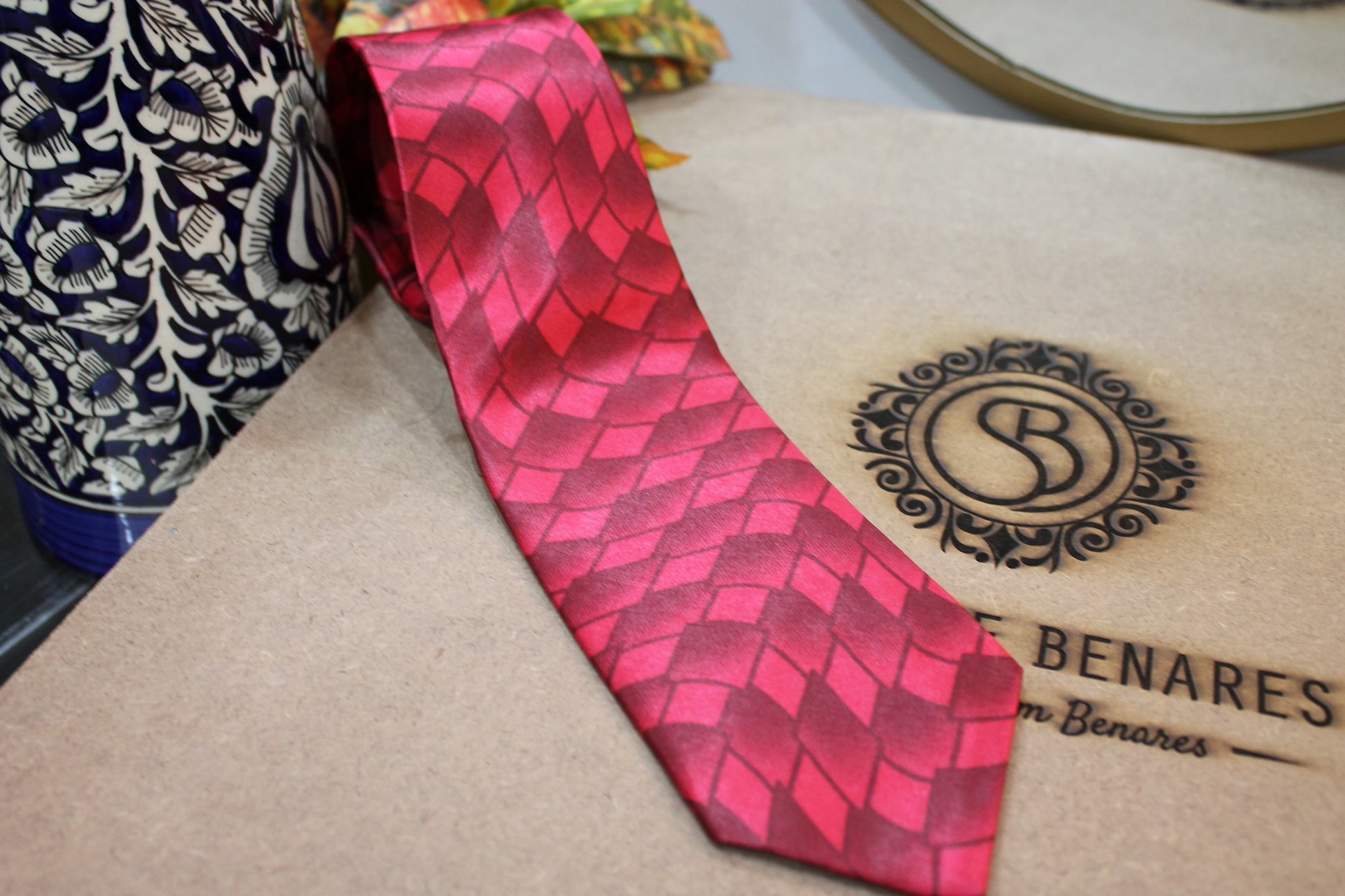 Maroon Checks Pure Banarasi Satin Silk Printed Neck Tie by Shades Of Benares - banarasi - banarasi saree shop