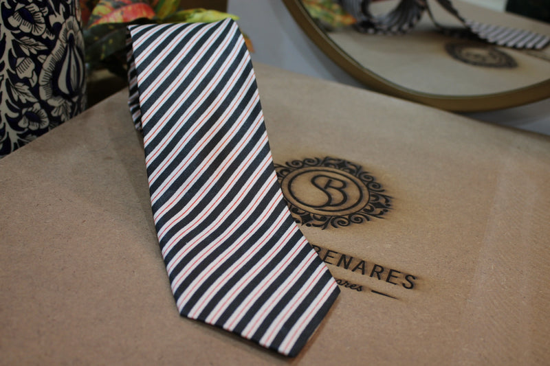 Sleek black and white striped Banarasi satin silk neck tie by Shades of Benares.