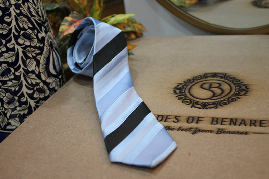 Stylish Blue Stripes Pure Banarasi Satin Silk Printed Neck Tie by Shades Of Benares - banarasi - banarasi saree shop