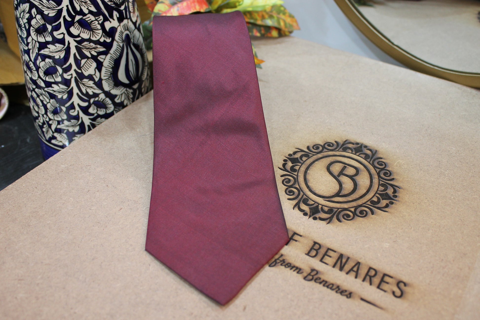 Sophisticated Plain Maroon Pure Banarasi Satin Silk Printed Neck Tie by Shades Of Benares - banarasi - banarasi saree shop