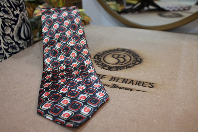 Luxurious navy blue Banarasi satin silk neck tie with printed design by Shades of Benares.