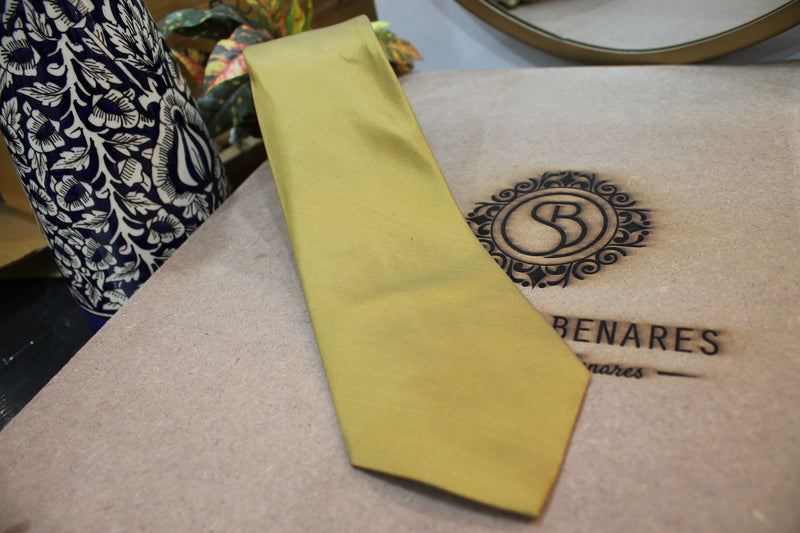 Pure Banarasi Satin Silk Neck Tie in Plain Greenish Yellow by shades of benares.