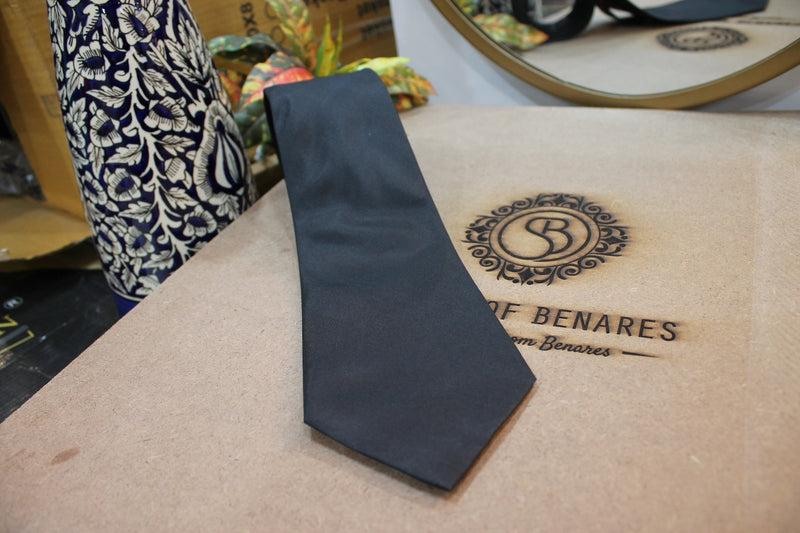  Elegant Plain Black Banarasi Satin Silk Neck Tie from Shades of Benares - Perfect for any formal occasion.