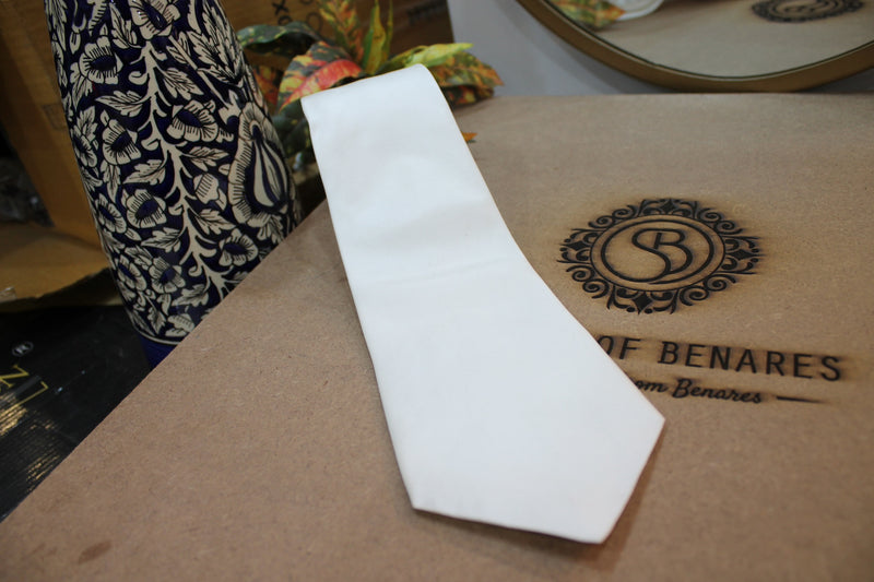 Pure Banarasi Satin Silk Neck Tie in Plain White by shades of benares.