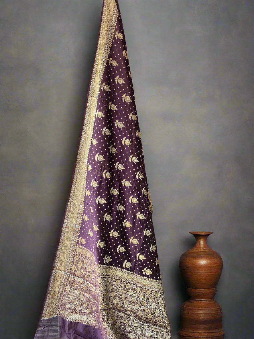 Wine Handloom Pure Chanderi Silk Banarasi Saree With Gold Zari Butis by Shades Of Banaras - banarasi - banarasi saree shop - banarasi saree manufacturers - banarasi saree wholesale - banaraasi sarees