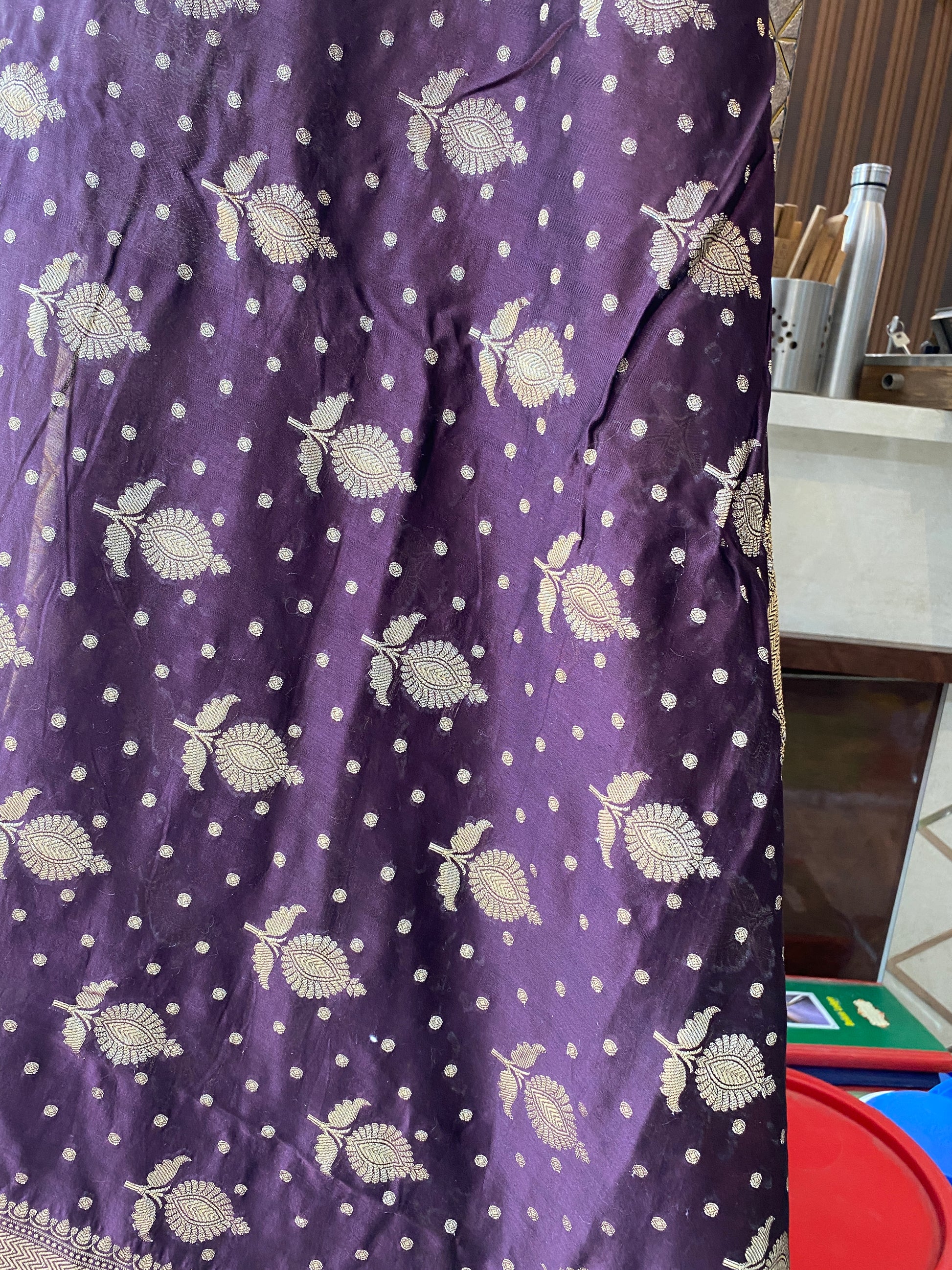 Wine Handloom Pure Chanderi Silk Banarasi Saree With Gold Zari Butis by Shades Of Banaras - banarasi - banarasi saree shop - banarasi saree manufacturers - banarasi saree wholesale - banaraasi sarees