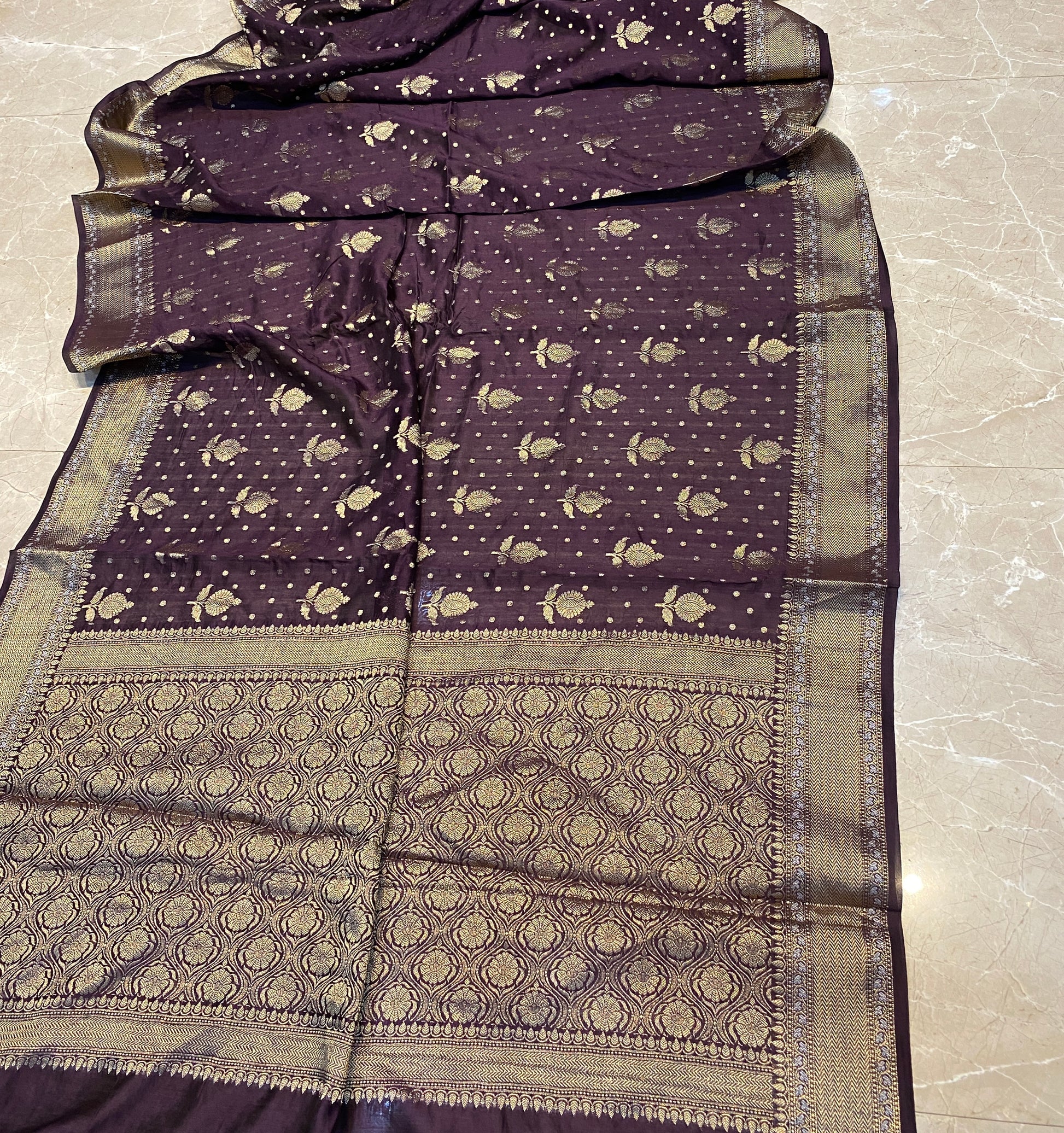 Wine Handloom Pure Chanderi Silk Banarasi Saree With Gold Zari Butis by Shades Of Banaras - banarasi - banarasi saree shop - banarasi saree manufacturers - banarasi saree wholesale - banaraasi sarees