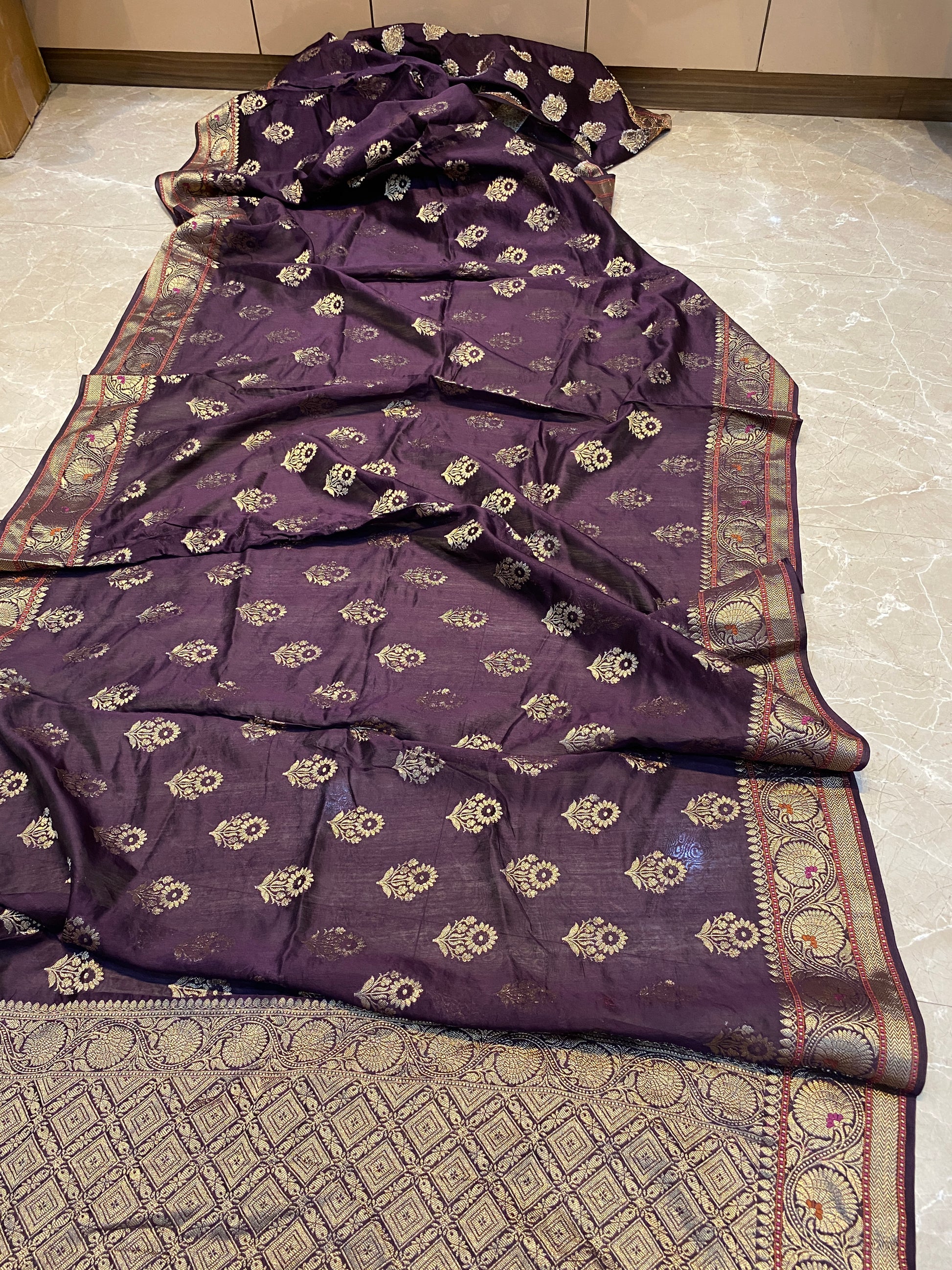 Deep Wine Handloom Pure Chanderi Silk Banarasi Saree With Gold Zari Butis by Shades Of Banaras - banarasi - banarasi saree shop - banarasi saree manufacturers - banarasi saree wholesale - banaraasi sarees