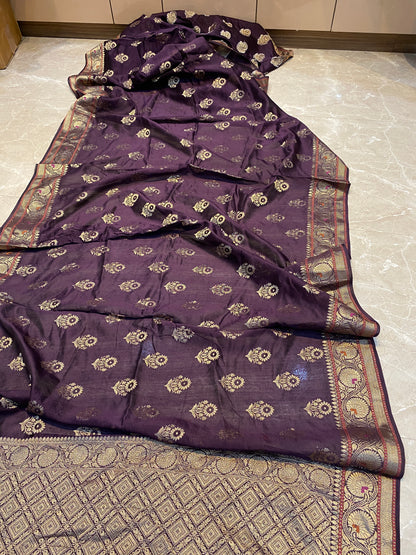 Deep Wine Handloom Pure Chanderi Silk Banarasi Saree With Gold Zari Butis by Shades Of Banaras - banarasi - banarasi saree shop - banarasi saree manufacturers - banarasi saree wholesale - banaraasi sarees