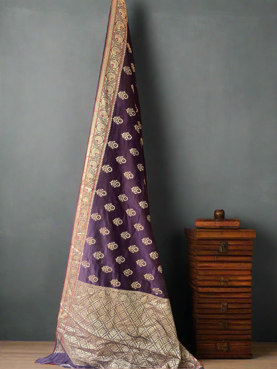 Deep Wine Handloom Pure Chanderi Silk Banarasi Saree With Gold Zari Butis by Shades Of Banaras - banarasi - banarasi saree shop - banarasi saree manufacturers - banarasi saree wholesale - banaraasi sarees