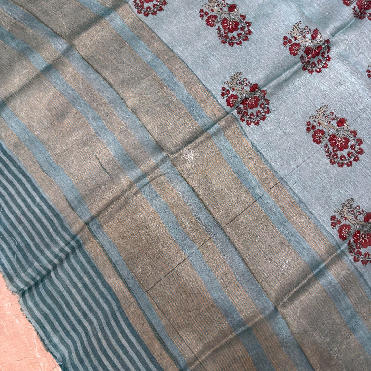 Luxe Pastel Blue Pure Linen Banarasi Saree | Hand-Printed Summer Couture