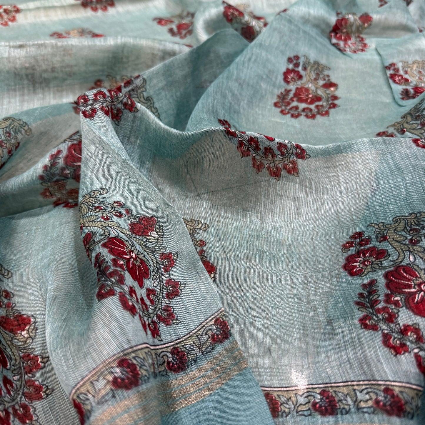 Luxe Pastel Blue Pure Linen Banarasi Saree | Hand-Printed Summer Couture