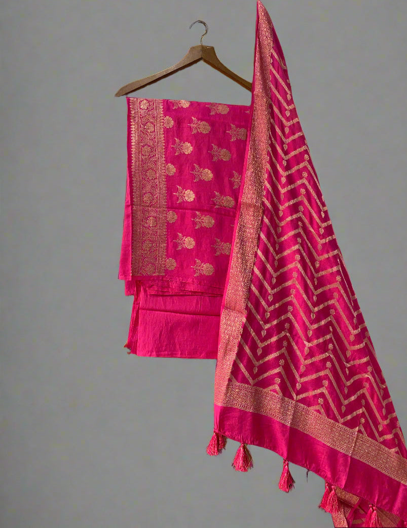 Pink Banarasi Soft Silk Handloom Unstitched Suit Set (3 Pc) by Shades Of Banaras - banarasi - banarasi saree shop - banarasi saree manufacturers - banarasi saree wholesale - banaraasi sarees