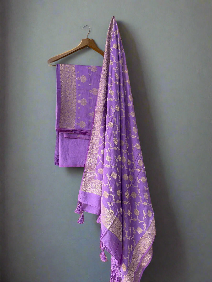 Purple Banarasi Soft Silk Handloom Unstitched Suit Set (3 Pc) by Shades Of Banaras - banarasi - banarasi saree shop - banarasi saree manufacturers - banarasi saree wholesale - banaraasi sarees
