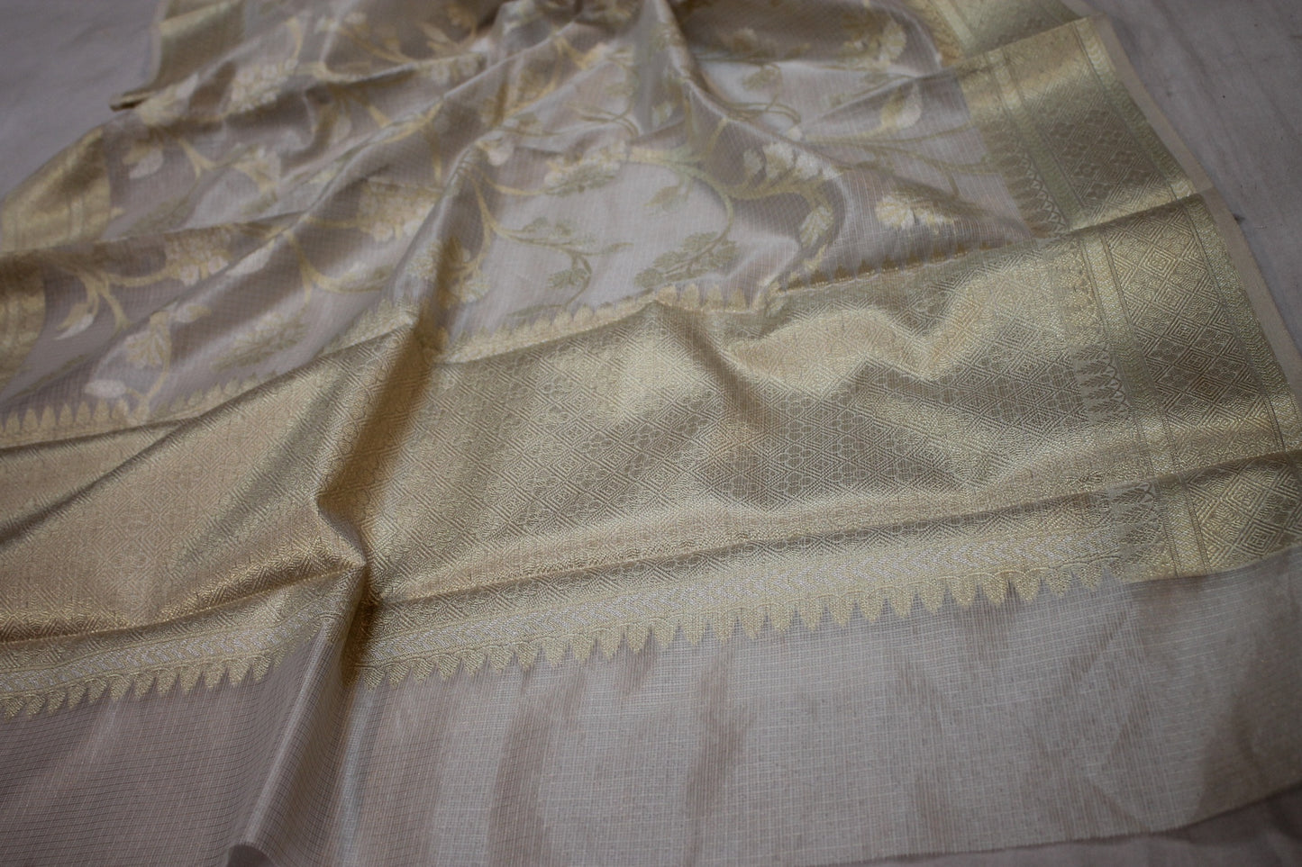 Exquisite Creme Pure Tissue Silk Handloom Banarasi Sari by Shades Of Benares - banarasi - banarasi saree shop