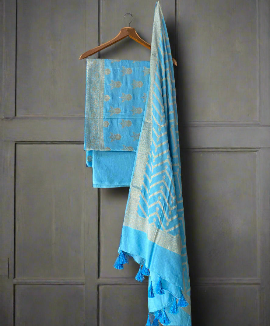 Blue Banarasi Soft Silk Handloom Unstitched Suit Set (3 Pc) by Shades Of Banaras - banarasi - banarasi saree shop - banarasi saree manufacturers - banarasi saree wholesale - banaraasi sarees