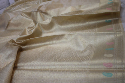 Elegant Creme Pure Tissue Silk Handloom Banarasi Sari - Limited Edition by Shades Of Benares - banarasi - banarasi saree shop