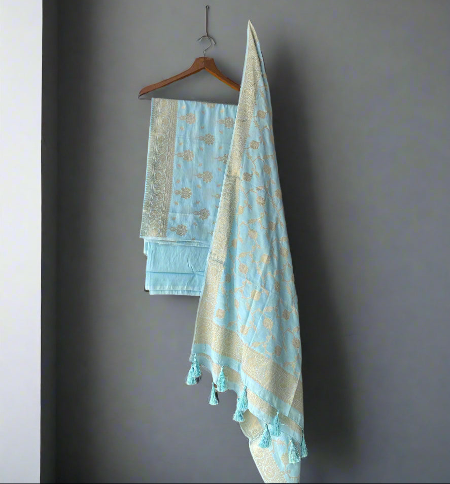 Electric Blue Banarasi Soft Silk Handloom Unstitched Suit Set (3 Pc) by Shades Of Banaras - banarasi - banarasi saree shop - banarasi saree manufacturers - banarasi saree wholesale - banaraasi sarees