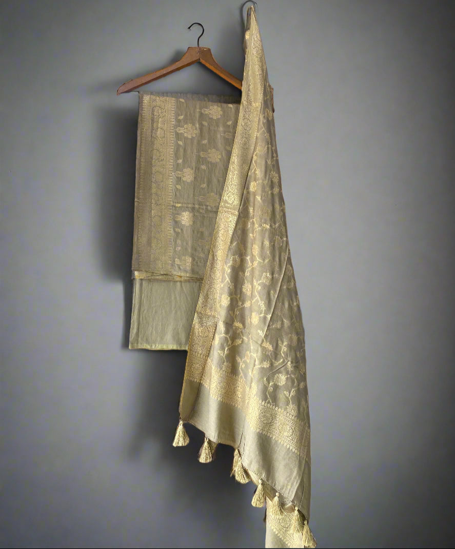 Slate Green Banarasi Soft Silk Handloom Unstitched Suit Set (3 Pc) by Shades Of Banaras - banarasi - banarasi saree shop - banarasi saree manufacturers - banarasi saree wholesale - banaraasi sarees