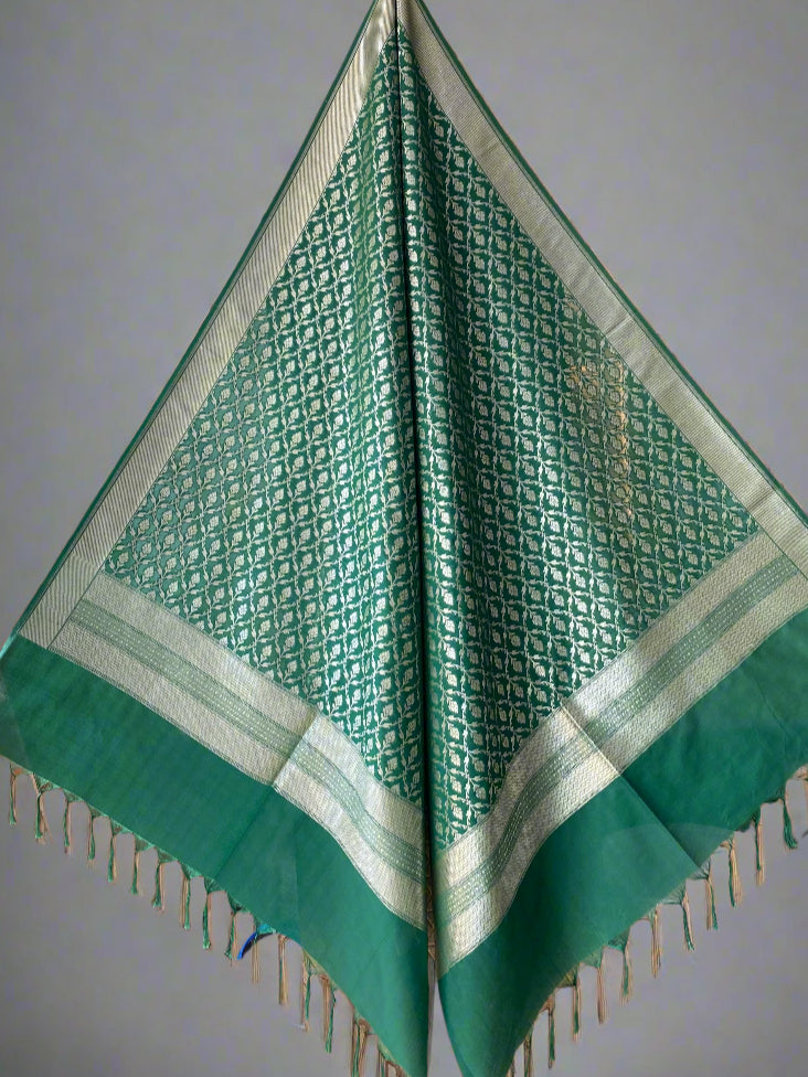 Bottle Green Banarasi Silk Dupatta with Jaal & Matt Gold Zari by Shades Of Banaras - banarasi - banarasi saree shop - banarasi saree manufacturers - banarasi saree wholesale - banaraasi sarees
