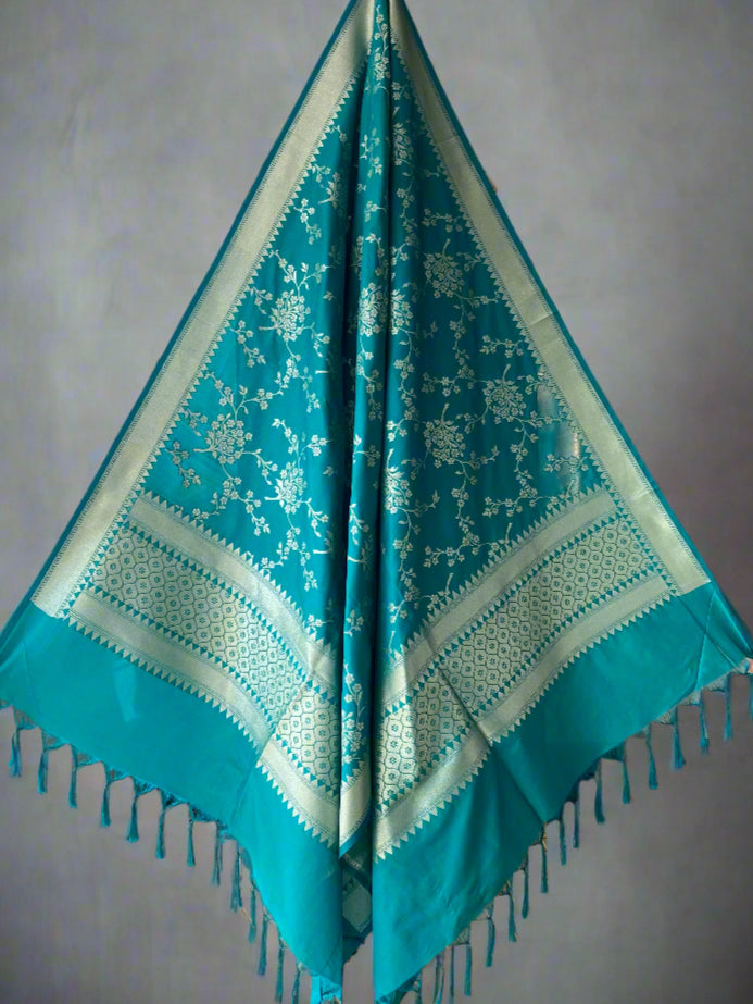 Turquoise Blue Handloom Banarasi Silk Dupatta with Gold Zari Jaal by Shades Of Banaras - banarasi - banarasi saree shop - banarasi saree manufacturers - banarasi saree wholesale - banaraasi sarees