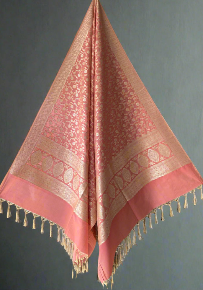 Peach Handloom Banarasi Silk Dupatta with Matt Gold Zari Jaal by Shades Of Banaras - banarasi - banarasi saree shop - banarasi saree manufacturers - banarasi saree wholesale - banaraasi sarees