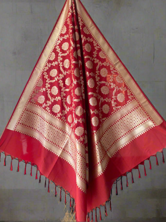 Red Handloom Banarasi Silk Dupatta with Gold Zari Jaal Weave by Shades Of Banaras - banarasi - banarasi saree shop - banarasi saree manufacturers - banarasi saree wholesale - banaraasi sarees