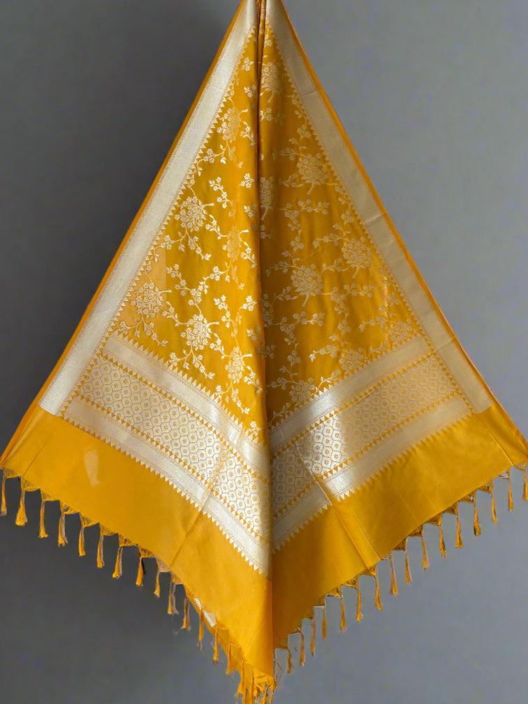Yellow Handloom Banarasi Silk Dupatta with Matt Gold Zari Jaal by Shades Of Banaras - banarasi - banarasi saree shop - banarasi saree manufacturers - banarasi saree wholesale - banaraasi sarees