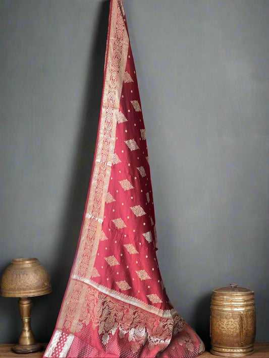 Maroon Chiniya Moonga Silk Khaddi Banarasi Saree with Motifs by Shades Of Banaras - banarasi - banarasi saree shop - banarasi saree manufacturers - banarasi saree wholesale - banaraasi sarees