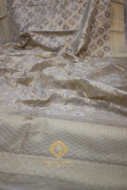 Off-White Pure Tissue Silk Sari: Timeless Elegance by Shades Of Benares - banarasi - banarasi saree shop