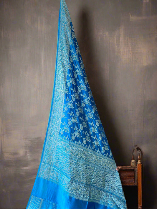 Light Blue Chiniya Moonga Silk Khaddi Banarasi Saree with Jaal by Shades Of Banaras - banarasi - banarasi saree shop - banarasi saree manufacturers - banarasi saree wholesale - banaraasi sarees