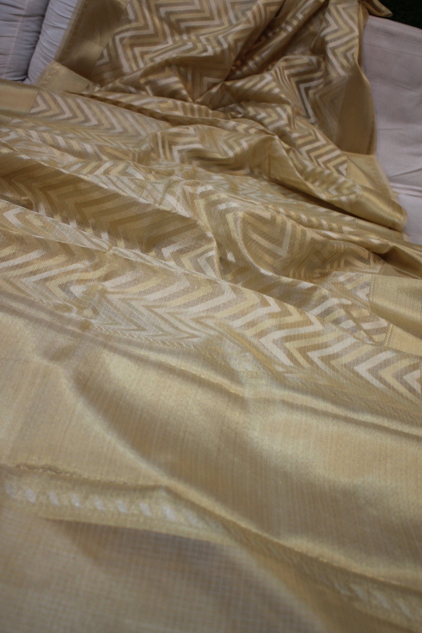 Luxurious Banarasi Tissue Silk Saree in Creme with Gold & Silver Stripes by Shades Of Benares - banarasi - banarasi saree shop