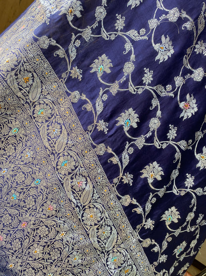 Navy Blue Pure Chiniya Moonga Silk Handloom Banarasi Saree by Shades Of Banaras - banarasi - banarasi saree shop - banarasi saree manufacturers - banarasi saree wholesale - banaraasi sarees