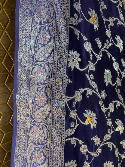 Navy Blue Pure Chiniya Moonga Silk Handloom Banarasi Saree by Shades Of Banaras - banarasi - banarasi saree shop - banarasi saree manufacturers - banarasi saree wholesale - banaraasi sarees