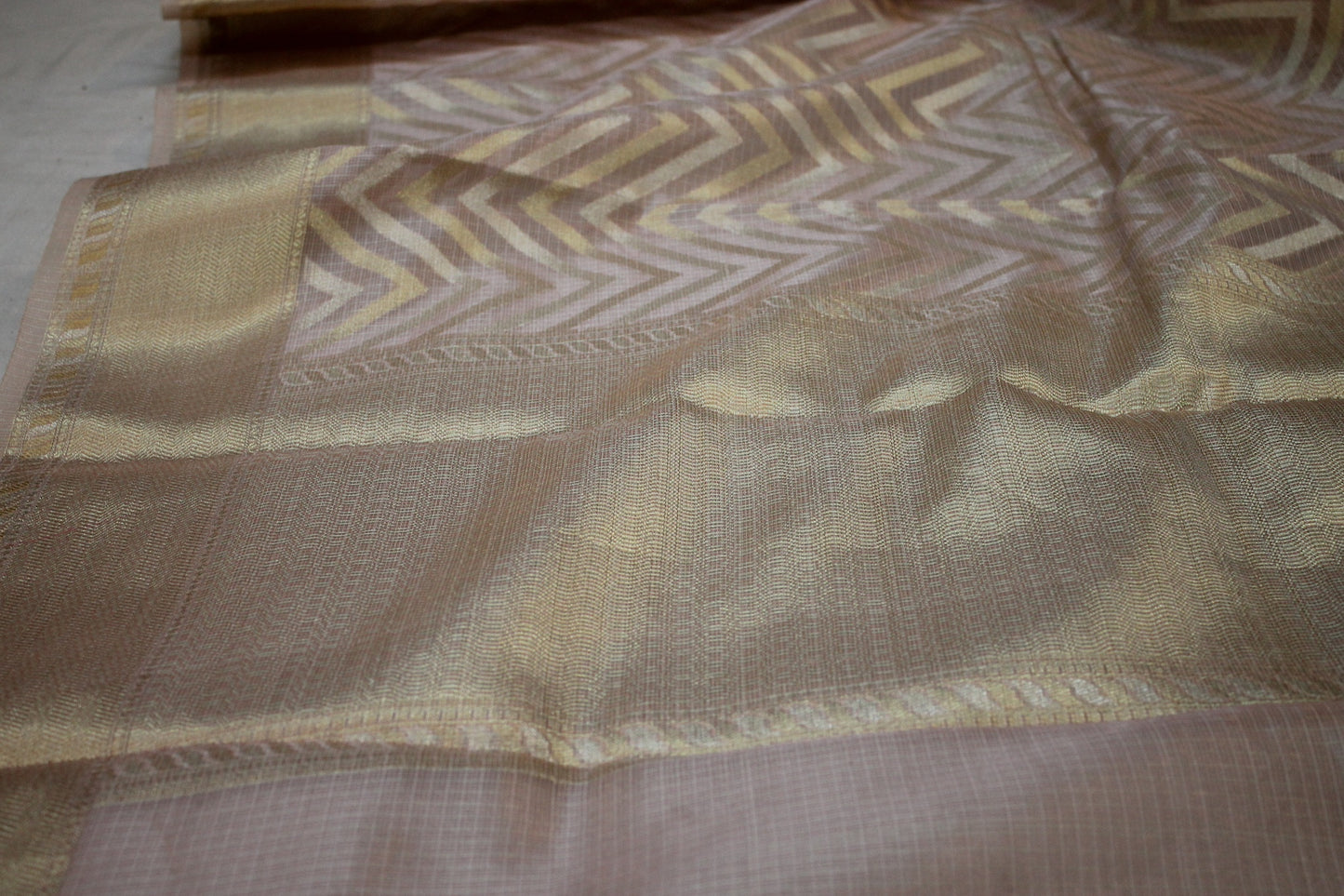 Pure Banarasi Tissue Silk Saree in Baby Pink with Gold & Silver Stripes by Shades Of Benares - banarasi - banarasi saree shop