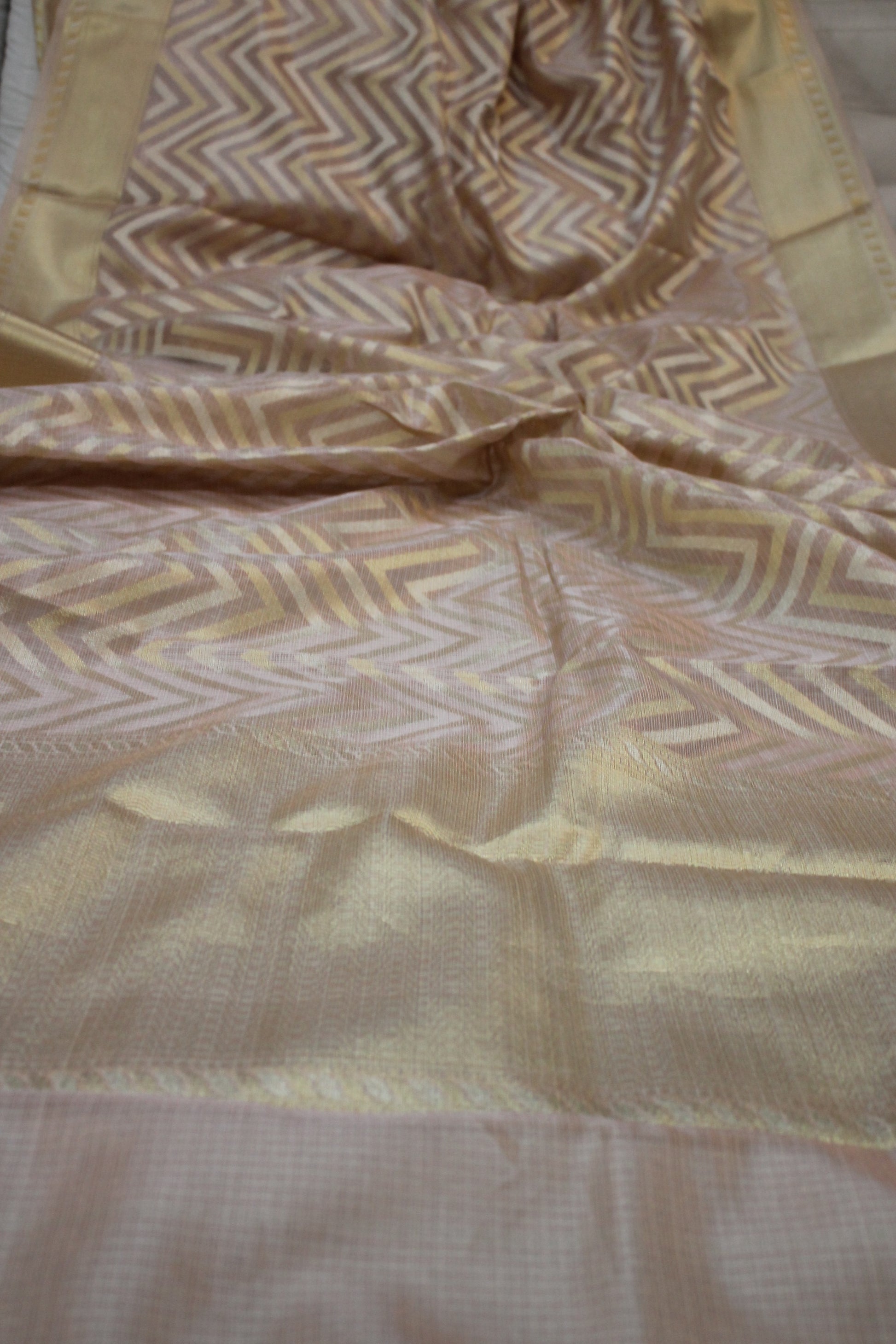 Pure Banarasi Tissue Silk Saree in Baby Pink with Gold & Silver Stripes by Shades Of Benares - banarasi - banarasi saree shop