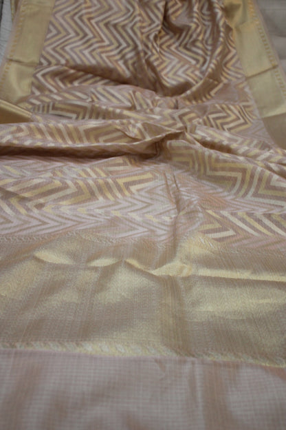 Pure Banarasi Tissue Silk Saree in Baby Pink with Gold & Silver Stripes by Shades Of Benares - banarasi - banarasi saree shop