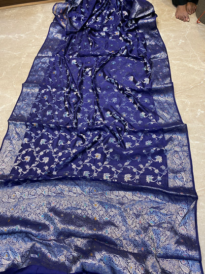 Navy Blue Pure Chiniya Moonga Silk Handloom Banarasi Saree by Shades Of Banaras - banarasi - banarasi saree shop - banarasi saree manufacturers - banarasi saree wholesale - banaraasi sarees