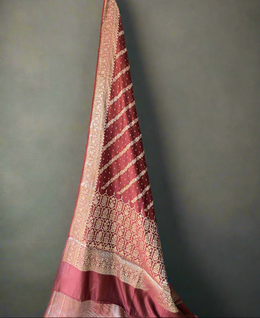 Wine Pure Chiniya Moonga Silk Handloom Banarasi Saree by Shades Of Banaras - banarasi - banarasi saree shop - banarasi saree manufacturers - banarasi saree wholesale - banaraasi sarees