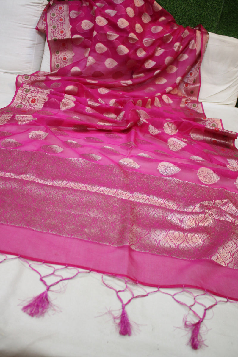 Handwoven Rani Pink Kora Organza Banarasi Saree with Minakari Border, a regal masterpiece by Shades of Benares.
