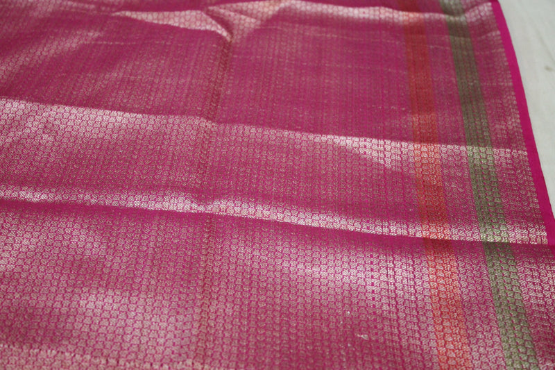 Elegant Rani Pink Kora Organza Banarasi Saree with Minakari Border, a luxurious creation by Shades of Benares.