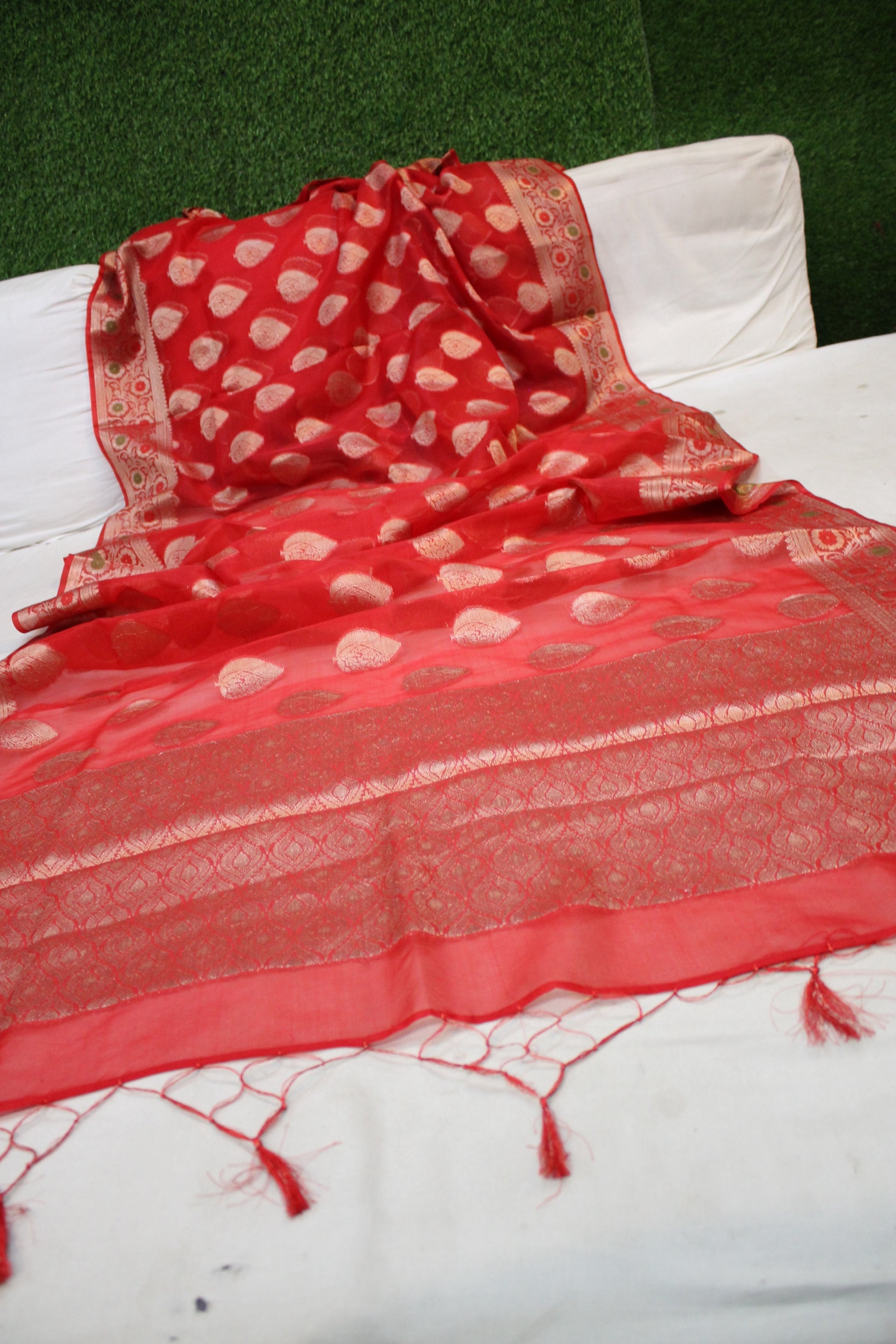 Ravishing Red Kora Organza Handloom Banarasi Saree by Shades Of Benares - banarasi - banarasi saree shop