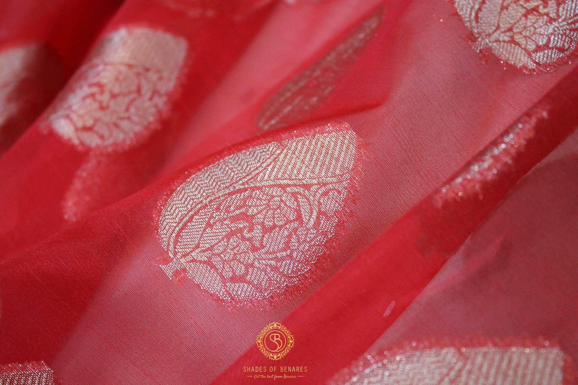 Ravishing Red Kora Organza Handloom Banarasi Saree by Shades Of Benares - banarasi - banarasi saree shop