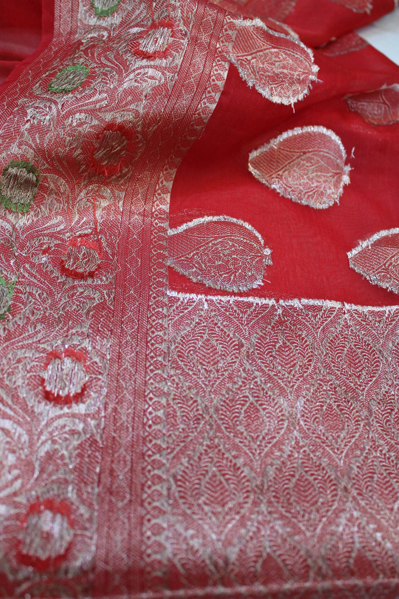 Gorgeous red saree made of Kora Organza Handloom Banarasi by Shades of Benares.