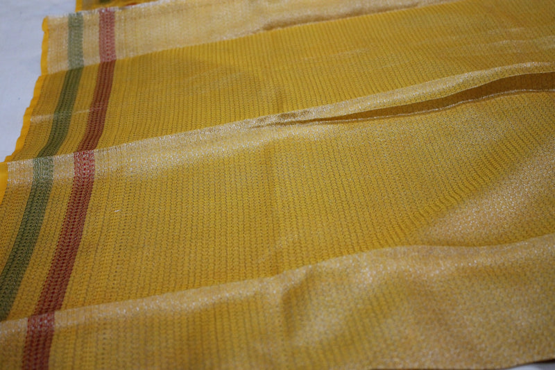 A vibrant yellow Kora Organza Handloom Banarasi Saree by Shades of Benares.