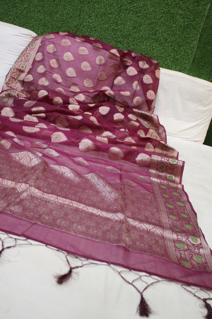 Wine Kora Organza Handloom Banarasi Saree by Shades Of Benares - banarasi - banarasi saree shop