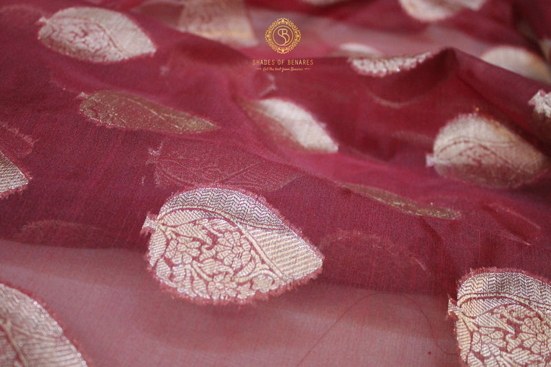 Majestic Maroon Kora Organza Handloom Banarasi Saree by shades of benares - a stunning traditional Indian saree.